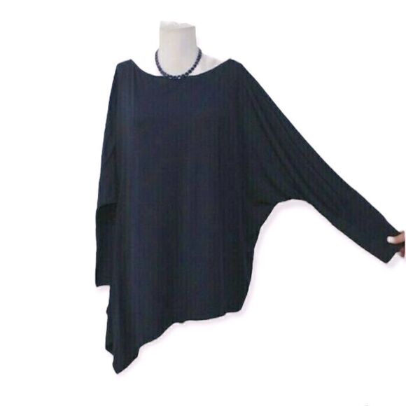 MISSLOOK NAVY BLUE ASYMMETRICAL HEM LONG SLEEVE STRETCHY TRAPEZE TOP LARGE NWOT - Picture 6 of 7
